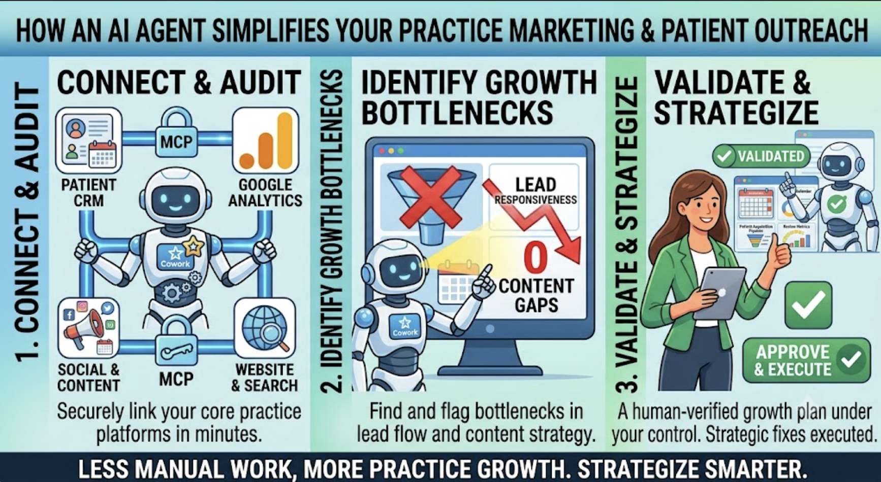 Infographic: agentic AI marketing audit findings – underperforming ad campaigns, organic traffic converting 8x paid, unused Google Ads fixes.